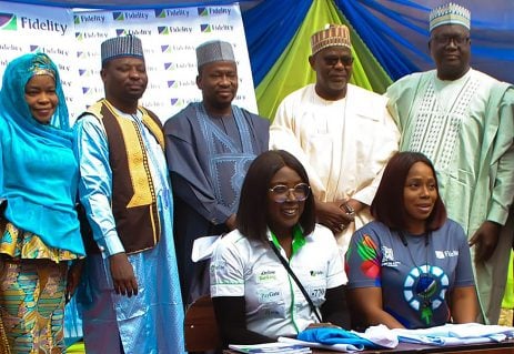 L – R (standing): Trustees of Asmau Dambatta Foundation -Hadiza Bala, Muazu Bala and Alh Balarabe Musa Bala; Non-Executive Director, Alh. Isa Mohammed Inuwa; Regional Bank Head, North-West 1; Mannir Ringim; (seating) Team Lead, Corporate Social Responsibility, Victoria Abuka; and Team Member, Brand & Communications Division, Omonsegho Ibironke (all of Fidelity Bank Plc) at the official hand over of educational materials to Asmau Dambatta Foundation, Kano State by Fidelity Bank on Thursday, January 5, 2023.