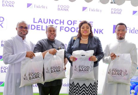 L – R: Parish Priest, Our Lady of Perpetual Help Catholic Church, Victoria Island, Lagos, Rev. Father Julius Olaitan; Executive Director/Chief Operations and Information Officer, Fidelity Bank Plc, Mr. Stanley Amuchie; MD/CEO, Fidelity Bank Plc, Mrs. Nneka Onyeali-Ikpe; and Assistant Parish Priest, Our Lady of Perpetual Help Catholic Church, Victoria Island, Lagos, Rev. Father Oscar Obi John at the launch of the Fidelity Food Bank in Lagos on Friday, 21 April 2023.